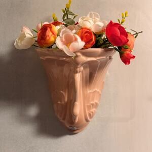 Vintage Pink Ceramic Wall Pocket Planter Vase – Ornate Mid-Century Hanging Wall